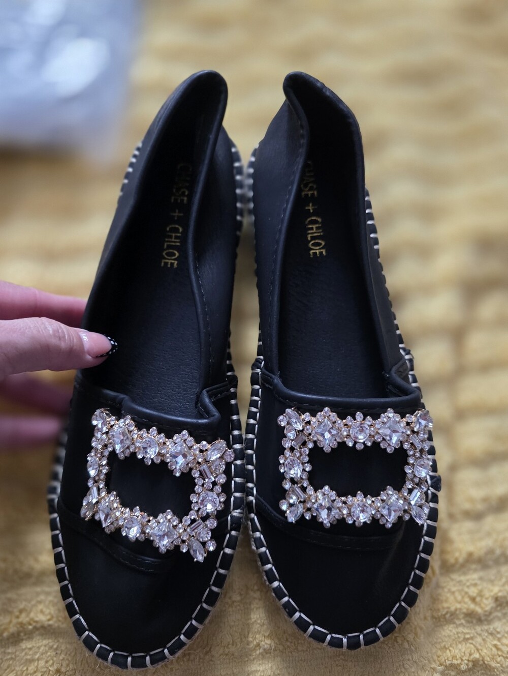 Chase + Chloe Black Flats with Crystal Buckle